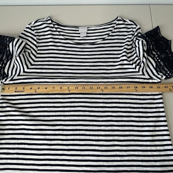 Chicos Knit Top Tee Size XL Navy White Stripe Slub Lace Hem Nautical - Picture 6 of 10